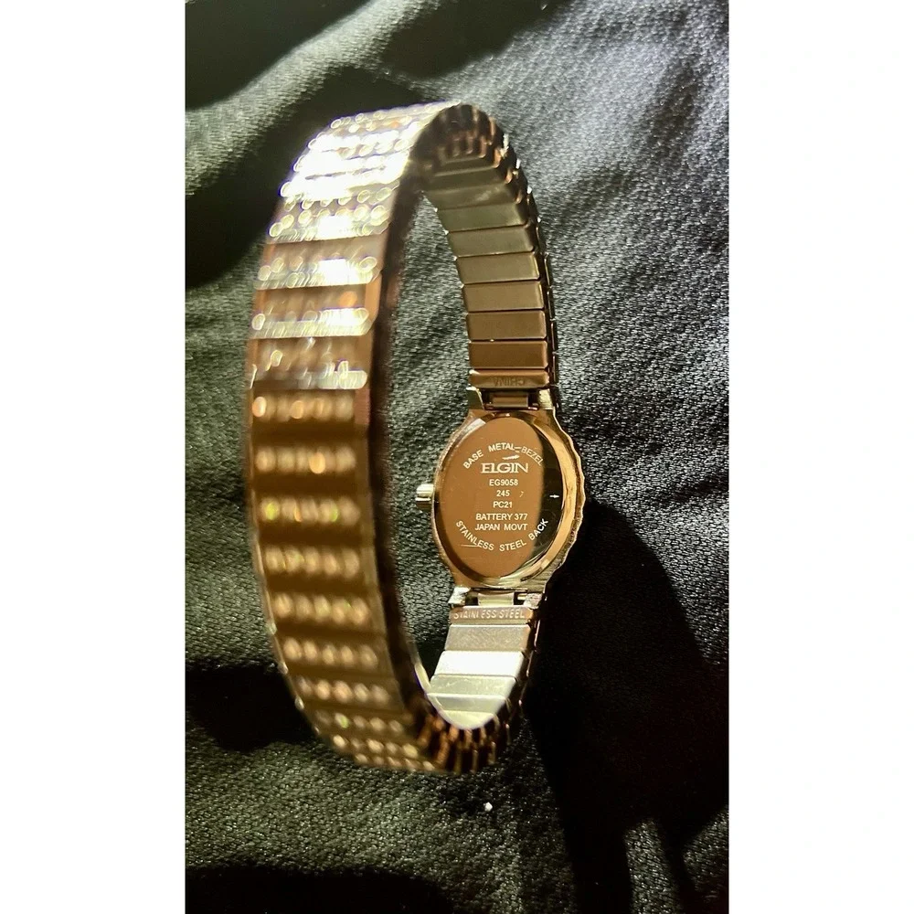 Elgin EG9058 Women's Oval Analog Clear Stone White Dial Stretch Band Bling Watch